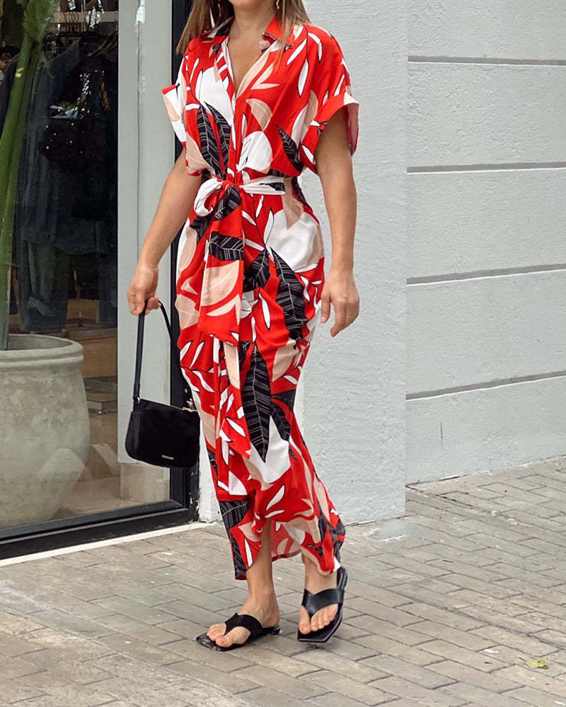 Casual Lapel Neck Waist Print Shirt Dress