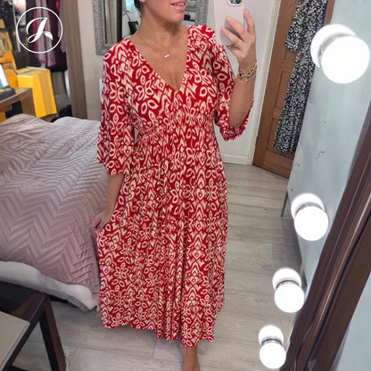 Bohemian casual print V-neck waist wrap long dress
