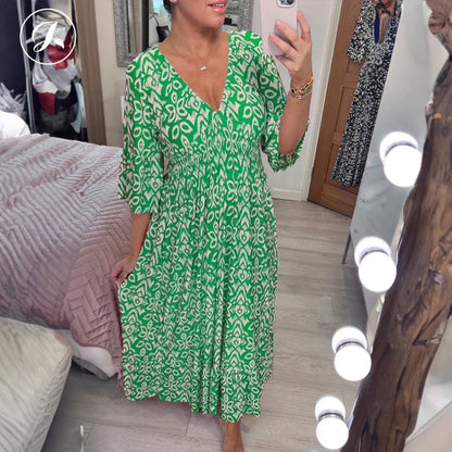 Bohemian casual print V-neck waist wrap long dress