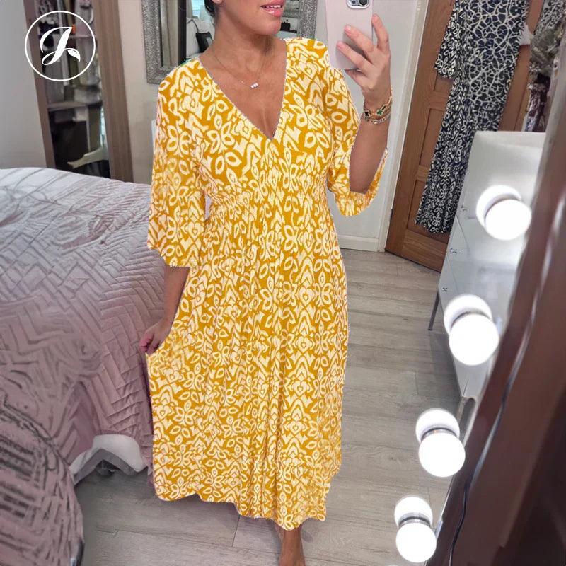 Bohemian casual print V-neck waist wrap long dress