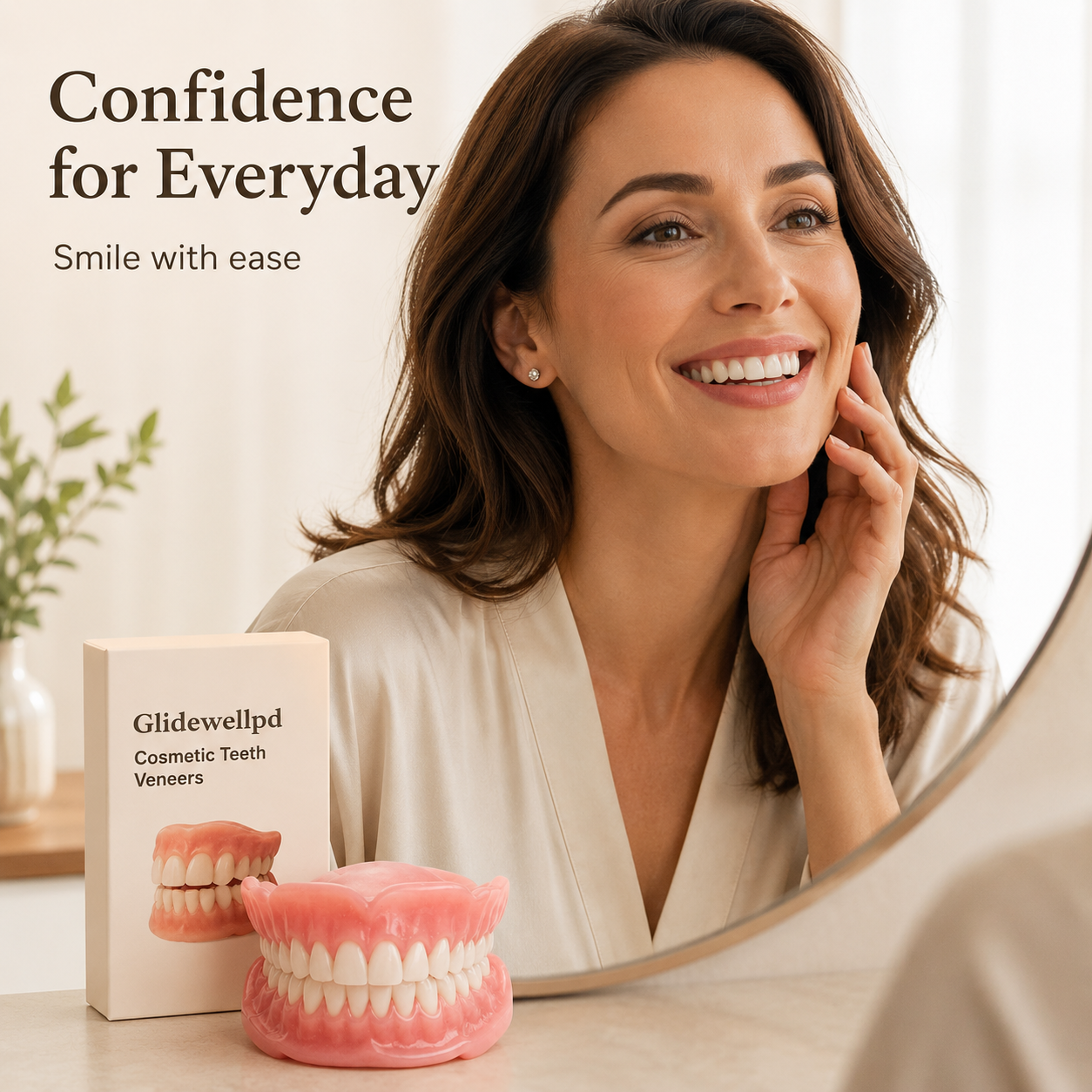 Woman smiling confidently with KLENIMORE dentures