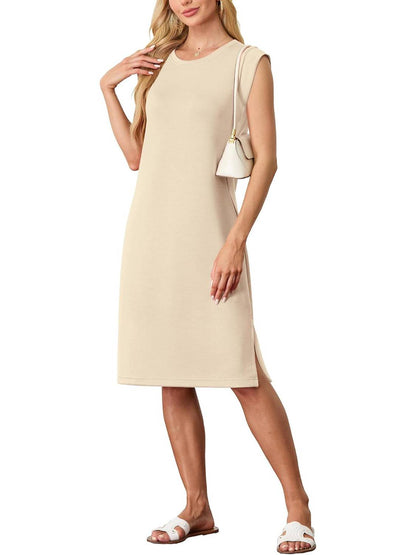 🔥Summer Sale 49% OFF💥Women Round Neck Loose Split Wrinkle-Free Midi Dress with Pockets | Split Hem Airflow Design