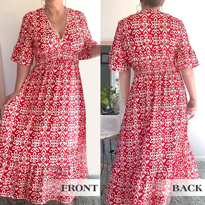 Bohemian casual print V-neck waist wrap long dress