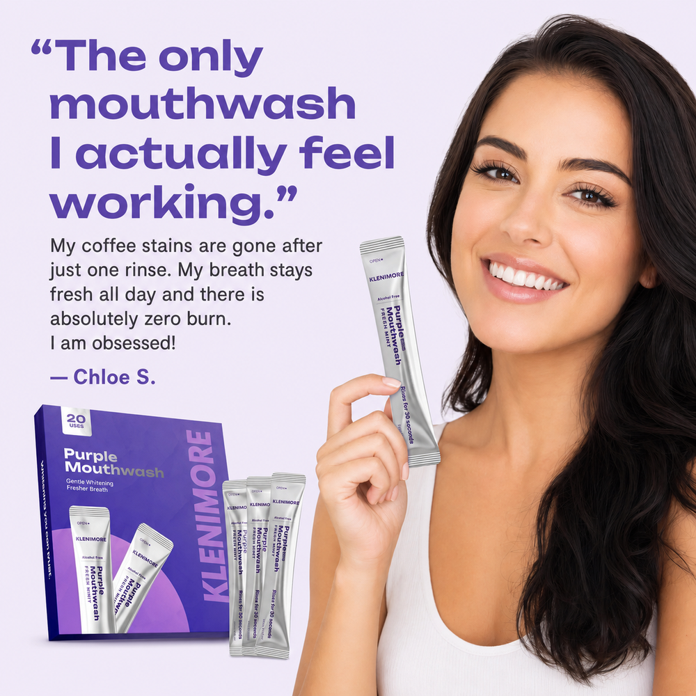 KLENIMORE Purple Mouthwash customer style smile routine