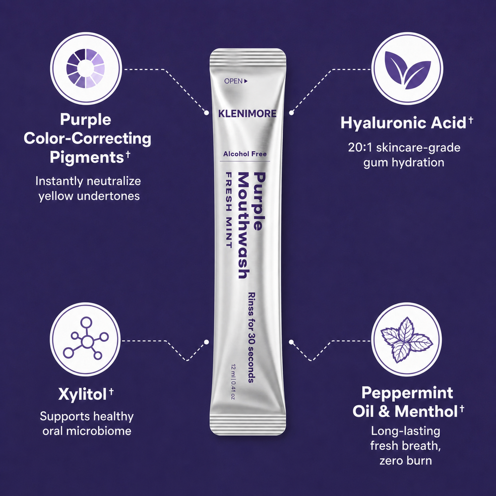 KLENIMORE Purple Mouthwash formula ingredients purple pigments hyaluronic acid xylitol peppermint menthol