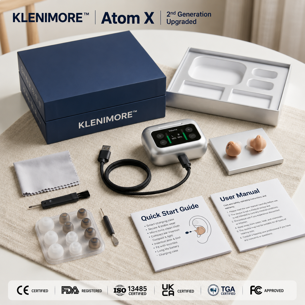 KLENIMORE Atom X complete product kit with charging case and accessories
