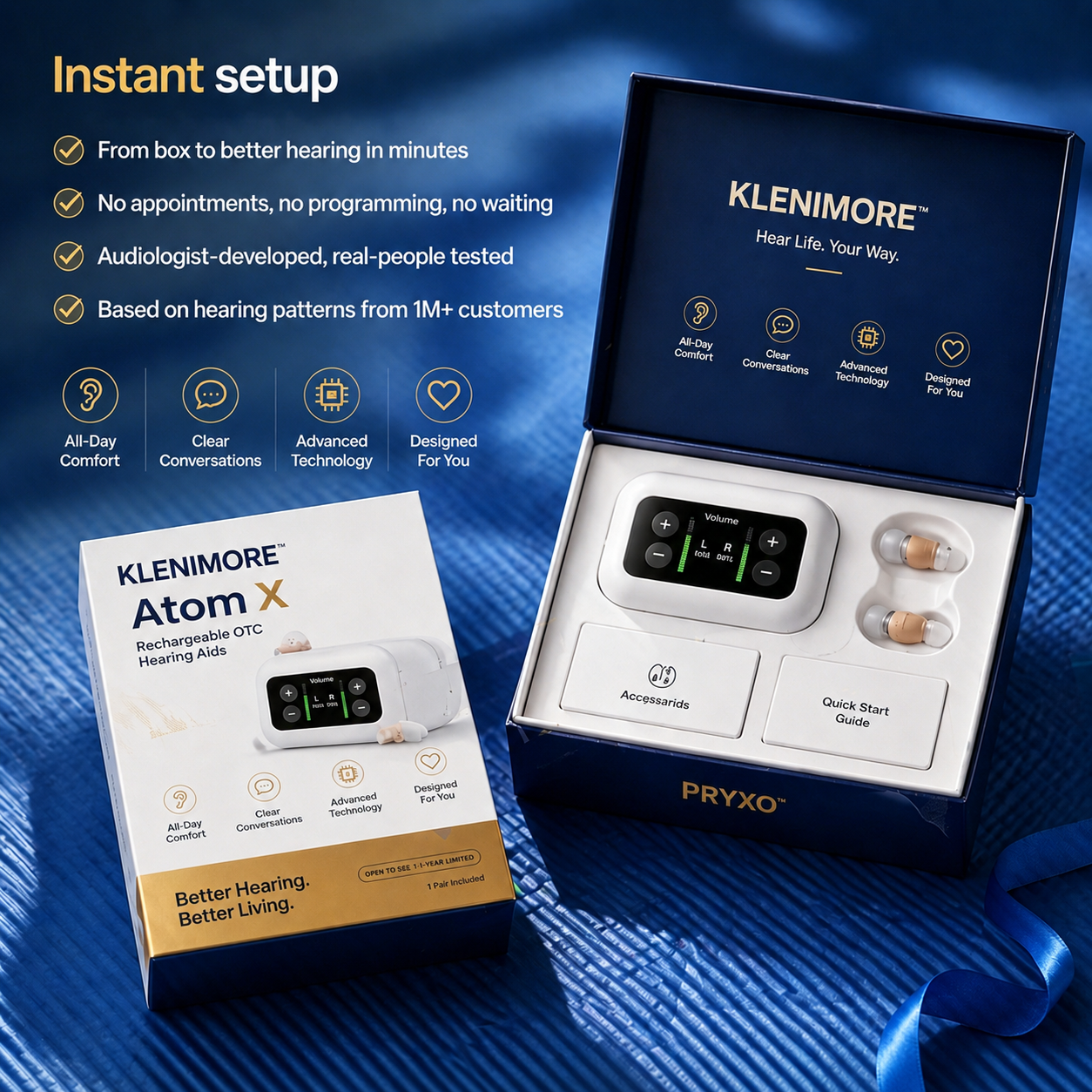 KLENIMORE Atom X rechargeable smart hearing aids with charging case