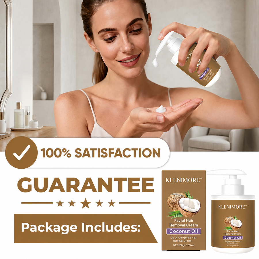 KLENIMORE Coconut Oil Hair Removal Cream package and smooth skin model
