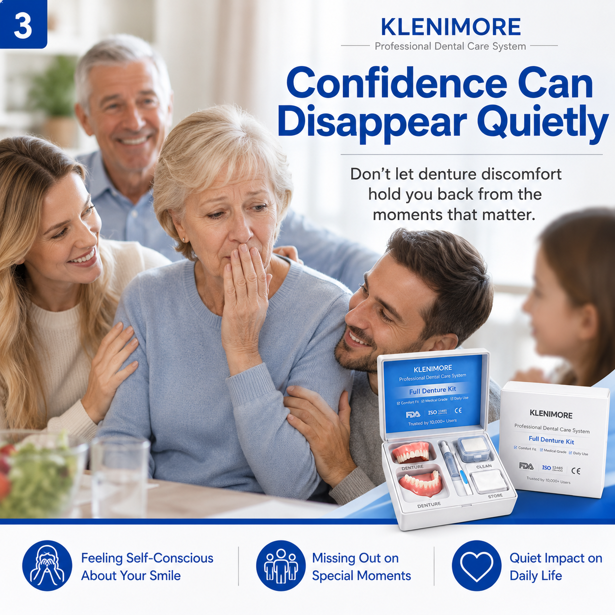 Adult feeling self-conscious about denture discomfort during a family moment