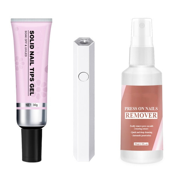 Solid Nail Tips Gel + Nail Glue Remover + Handheld UV Nail Lamp (White)
