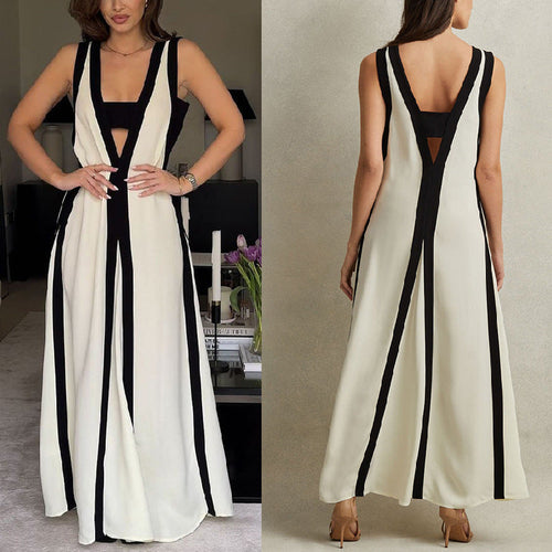 Women's Sexy V-Neck Color Clash Sleeveless Dresses
